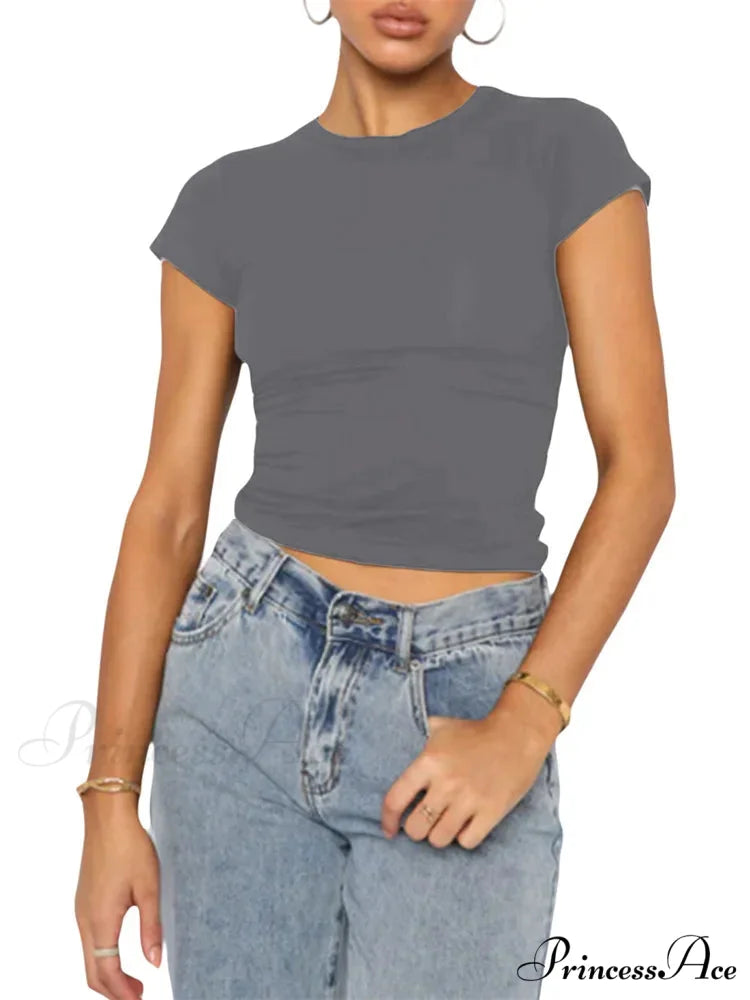 Casual Short Sleeve Solid Color Slim Fit Pullovers T-shirts DARK GREY / S