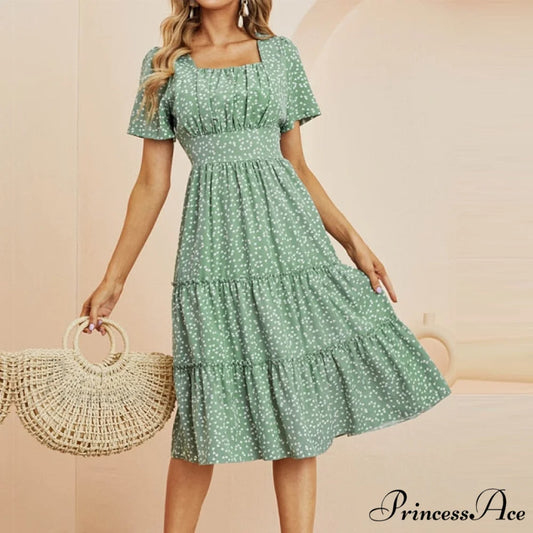 Casual Short Sleeve Square Collar Ruffles Chiffon Dress green / S