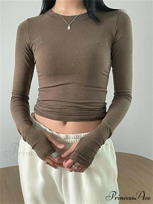 Casual Slim Fit Long Sleeve O-Neck Tops Spring Fall T-shirts BROWN / S