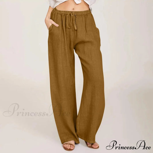 Casual Solid Drawstring Patchwork Low-Waisted Flare Spring Summer Pants Brown / S