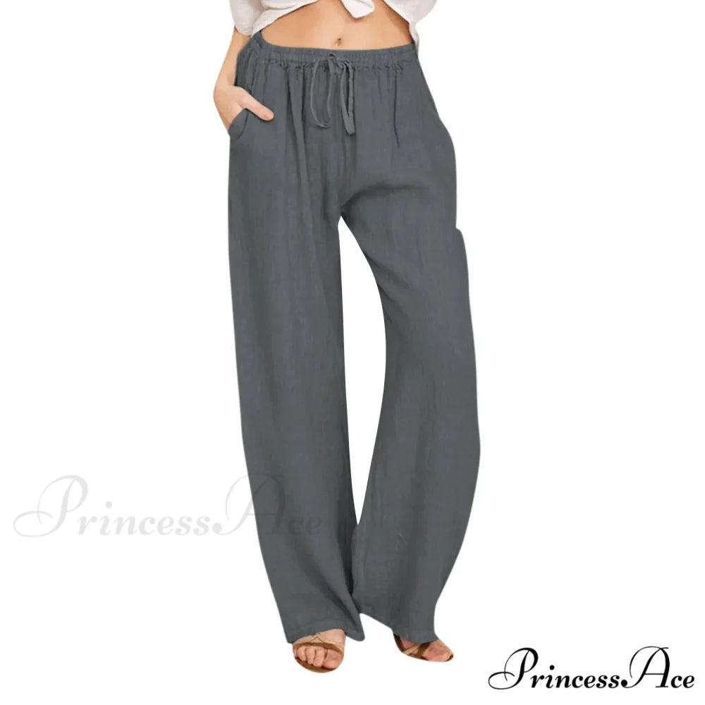 Casual Solid Drawstring Patchwork Low-Waisted Flare Spring Summer Pants Dark Gray / S