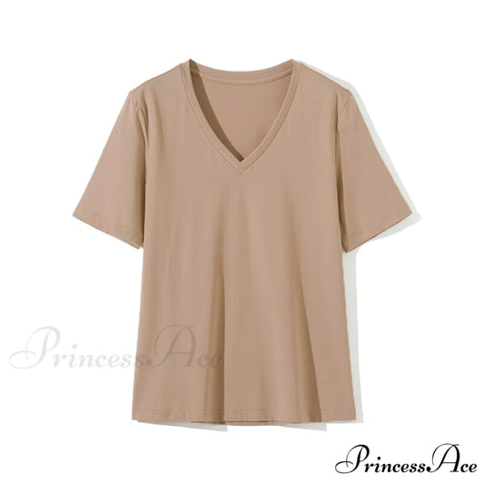 Casual Solid V-Neck T-shirt Light Coffee / S