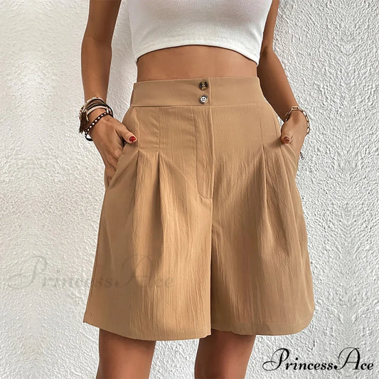 Casual Sport High Waist Pocket Summer Khaki Loose A Lined Wide Leg Short Khaki / S