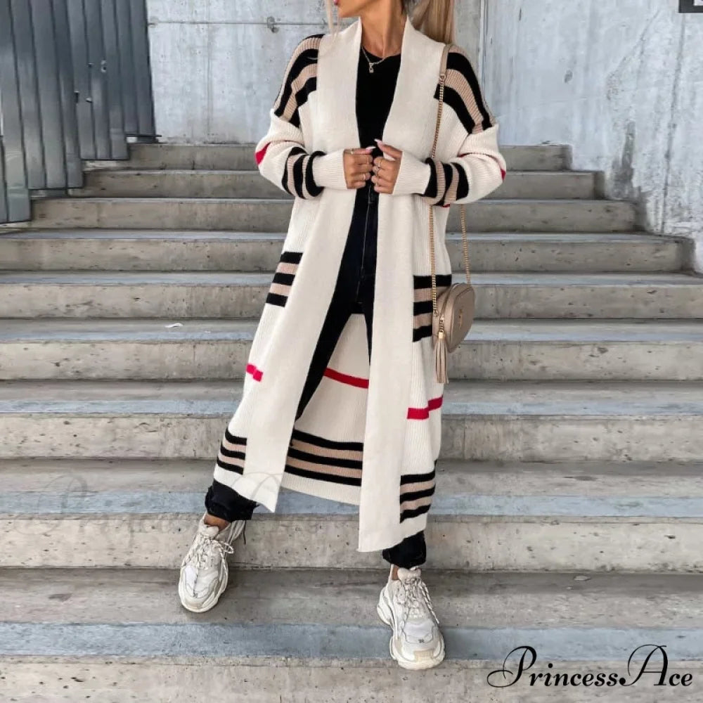Casual Striped Color Matching Knitted Long Sweaters Cardigan 04 Off White / S
