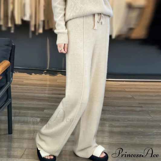 Casual Thick Knitted Elastic High Waist Loose Wide Leg Long Striped Pants Beige / S