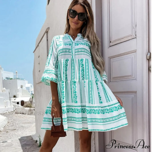 Casual V-neck High Waist Green Mini Dresses green / S