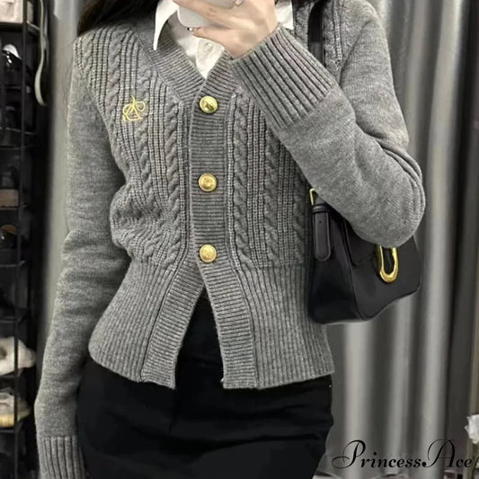 Casual V-Neck Red Slim Knit Cardigan GRAY / One Size