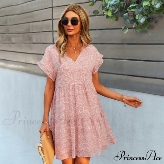 Casual V Neck Ruffles Beach Mini Chiffon Dress Pink / S