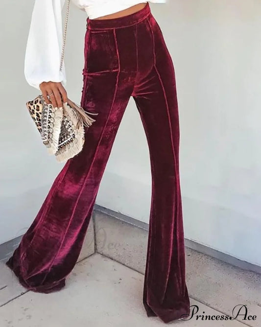 Casual Velvet High Waist Flared Pants Red A / S