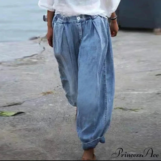 Casual Vintage High Waist Bohemian Baggy Blue Beach Fashionable Denim Jean Blue / S