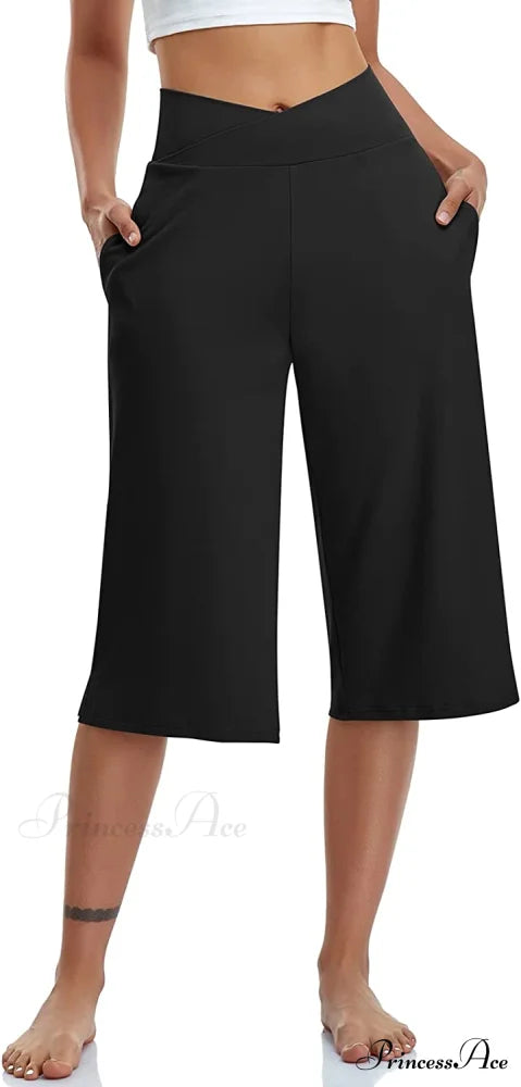 Casual Wide Leg Yoga Capris Crossover High Waist Capri Pants