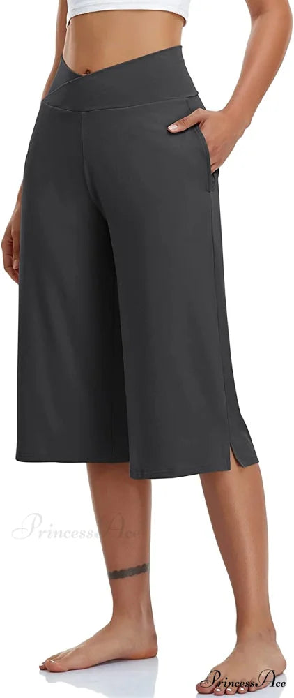 Casual Wide Leg Yoga Capris Crossover High Waist Capri Pants Dark Gray / X-Large