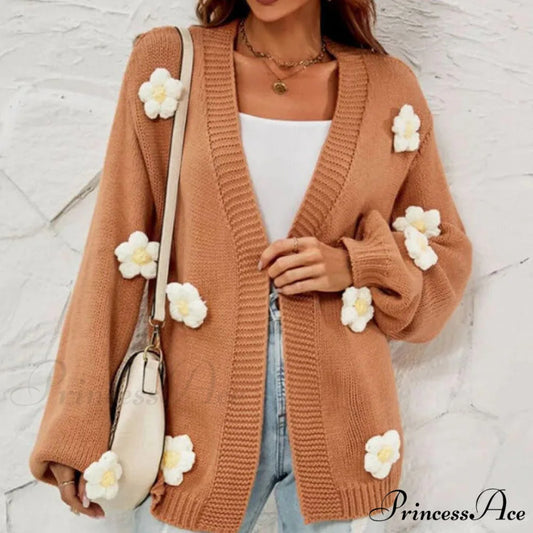 Casual with 3D Flower Cardigan Decoration Brown / S