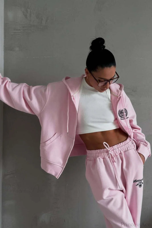 Casual Zip Hooded Embroidered Sweatpants Two Piece Set
