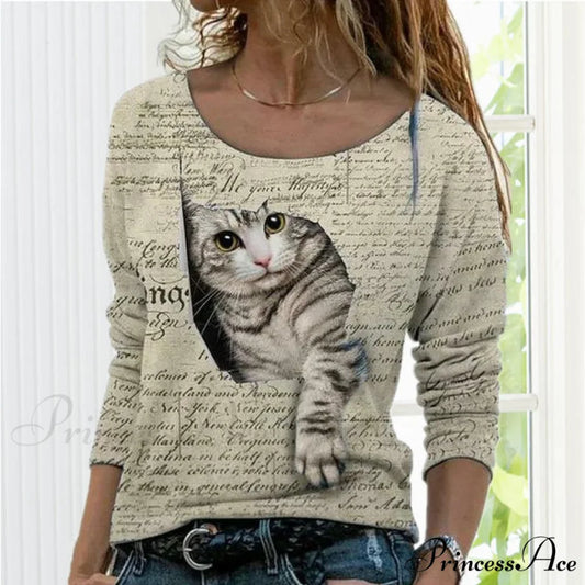 Cat Cute Design T-Shirt Khaki / S