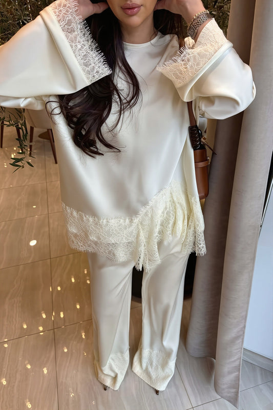 Lace Trim Satin Top and Straight Pants Set