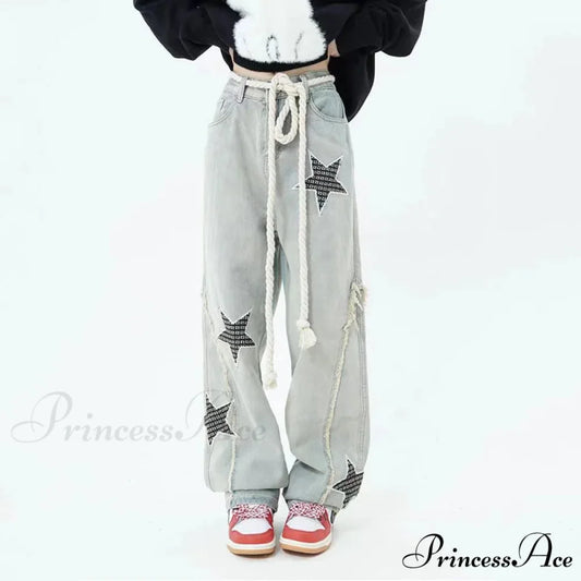 Celestial Stitching High Rise Denim Trousers Light Blue / S pants-241228