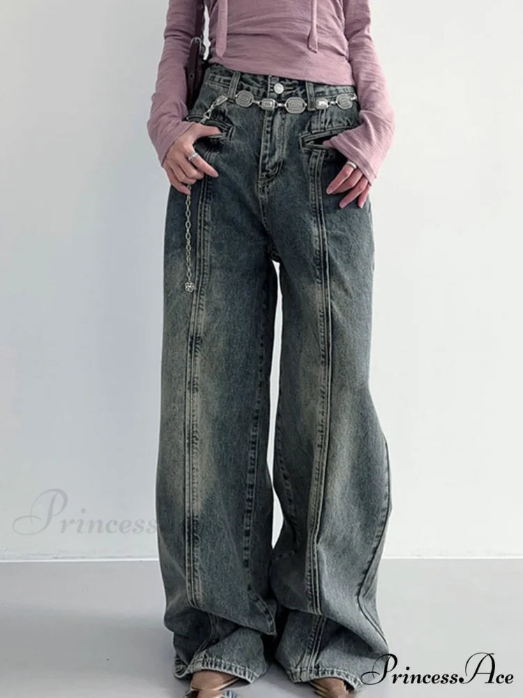 Center Stripe Wide Trendy Leg Jeans Without Belt
