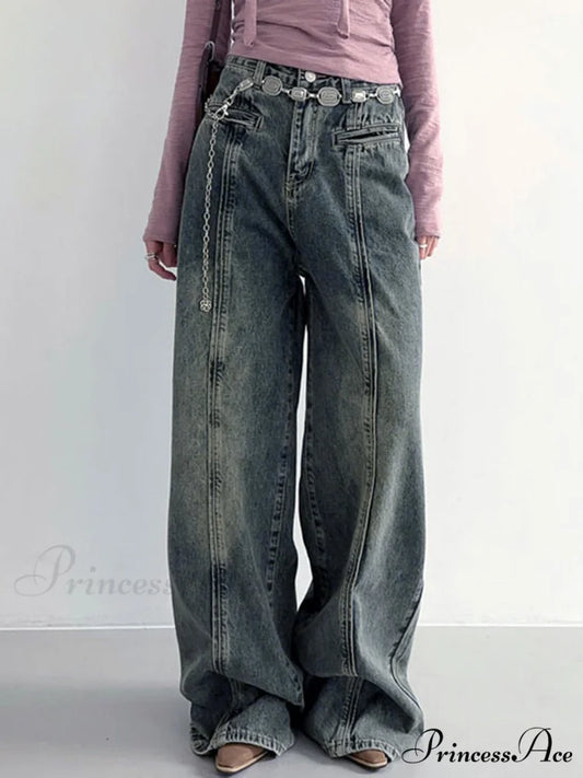 Center Stripe Wide Trendy Leg Jeans Without Belt Blue / XS