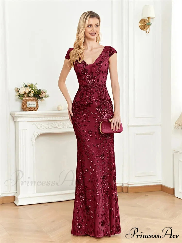Champagne Sequin Mermaid Party Dress Burgundy / S