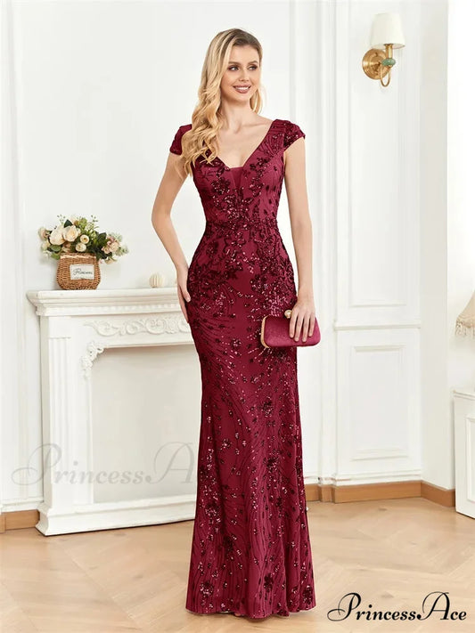 Champagne Sequin Mermaid Party Dress Burgundy / S