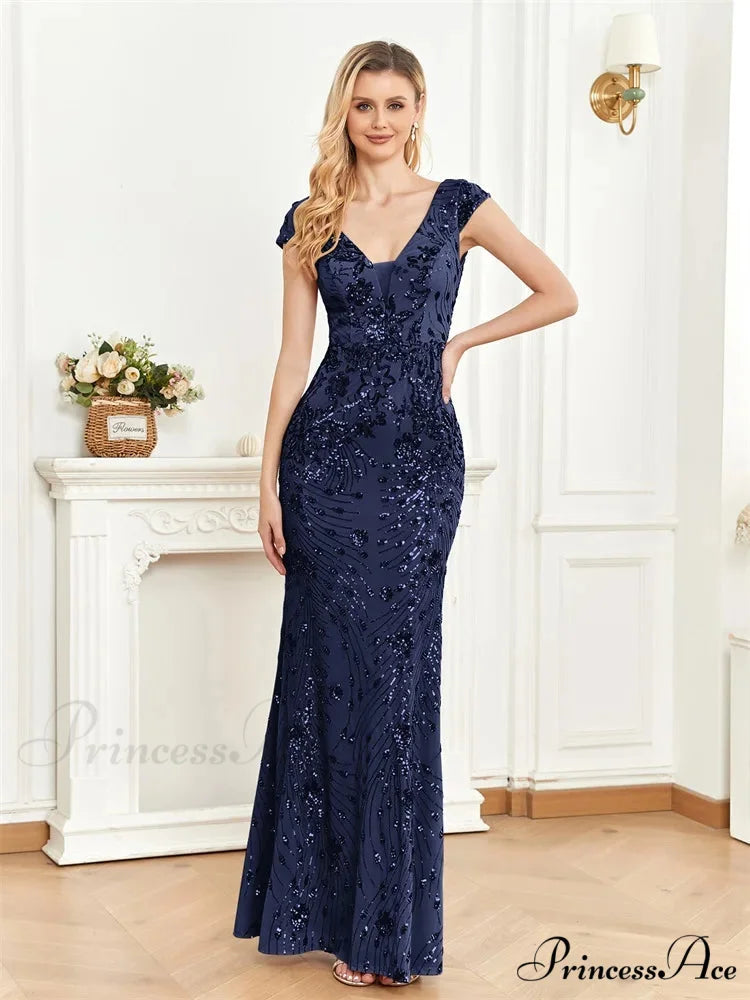 Champagne Sequin Mermaid Party Dress Navy Blue / S