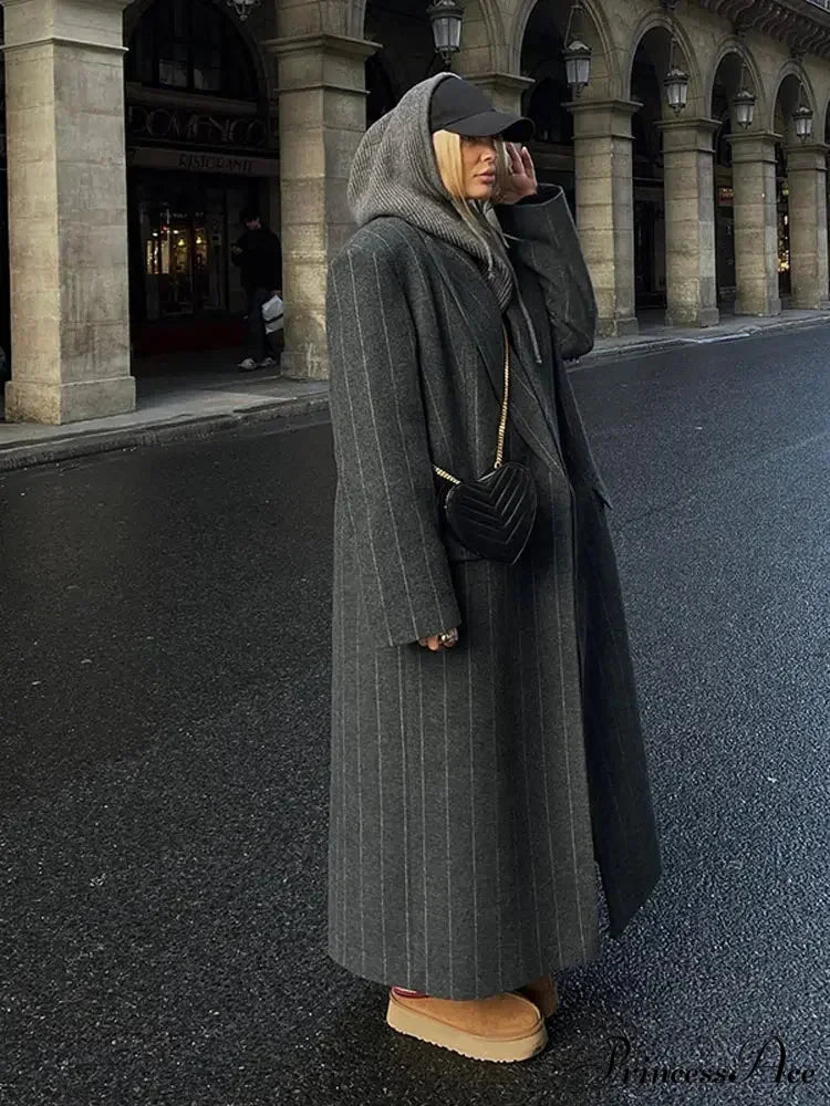 Charcoal Gray Stripe Woolen Overcoat coats-241228