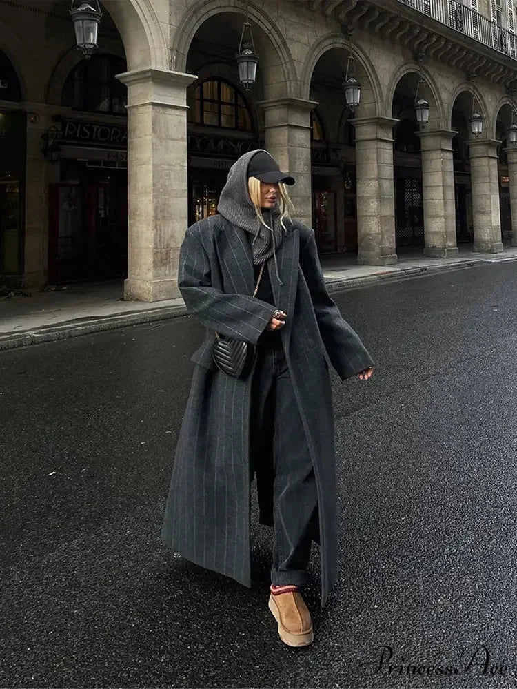 Charcoal Gray Stripe Woolen Overcoat coats-241228