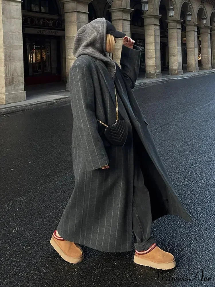 Charcoal Gray Stripe Woolen Overcoat coats-241228