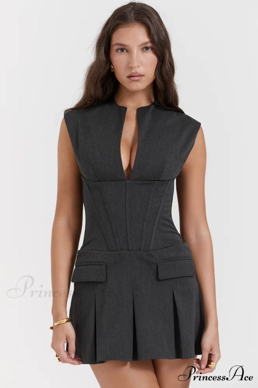 Charcoal Gray Stylish Pleated Belted Dress XS / Charcoal Gray