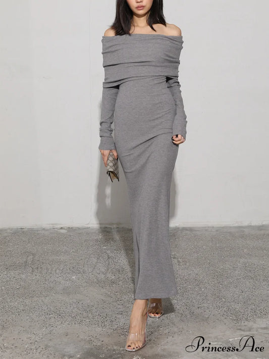 Charcoal Off Shoulder Overfold Modern Long Sleeve Long Dress Grey / XS