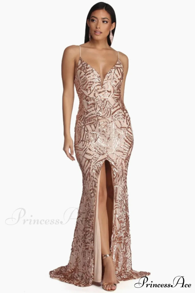 Charice Flared Stylish Geometric Sequin Dress S / Rose Gold