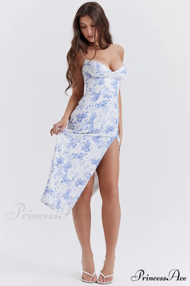 Charlotte Blue Print Charming Corset Midi Dress