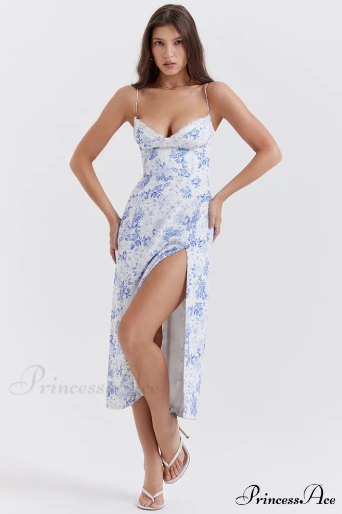 Charlotte Blue Print Charming Corset Midi Dress