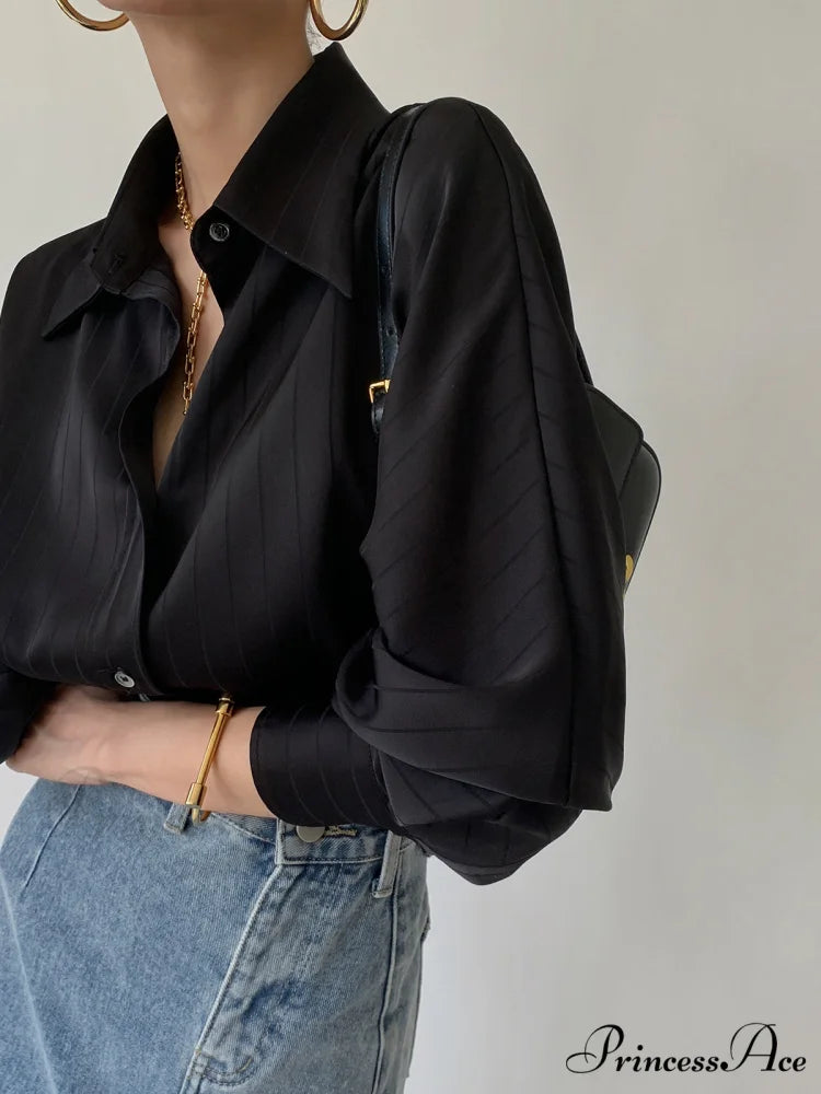 Charlotte Oversized Button Trendy Up Collared Shirt Black / XS