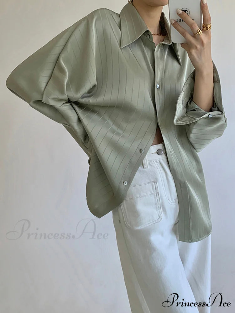 Charlotte Oversized Button Trendy Up Collared Shirt Green / XS