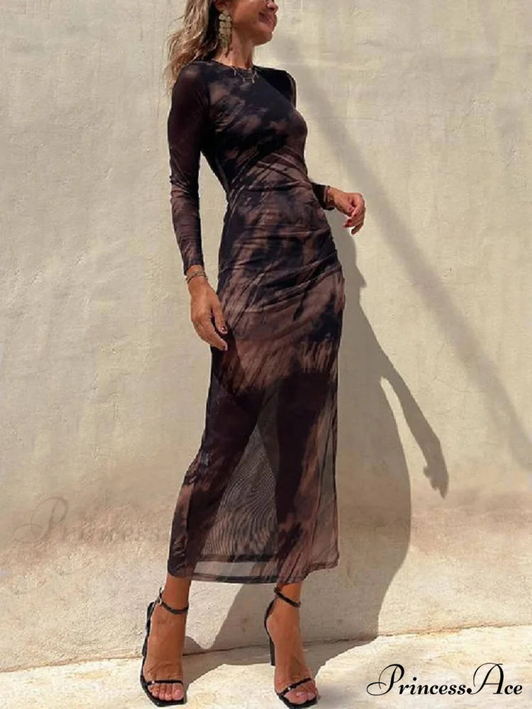 Charm Lady Mesh Overlay Tie Dye Modern Print Long Sleeve Ruched Stretch Midi Dress