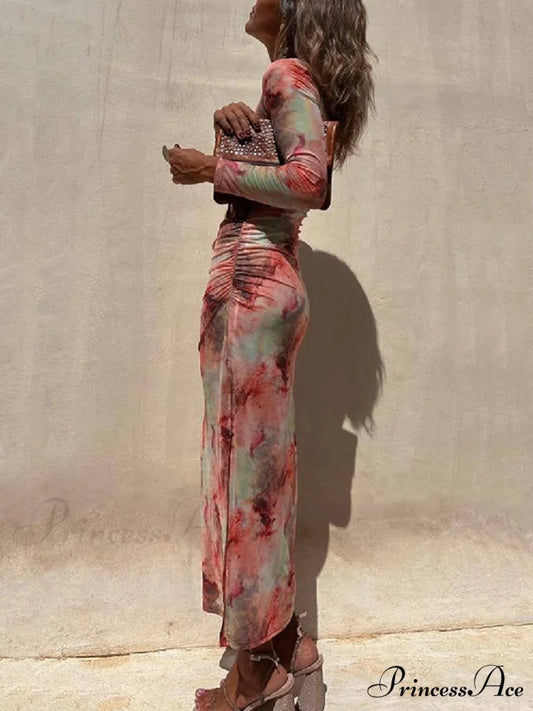Charm Lady Mesh Overlay Tie Dye Modern Print Long Sleeve Ruched Stretch Midi Dress