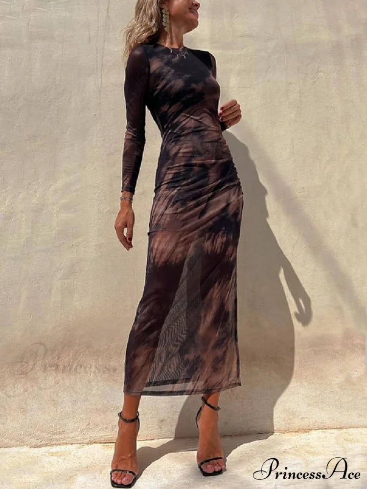 Charm Lady Mesh Overlay Tie Dye Modern Print Long Sleeve Ruched Stretch Midi Dress Black / S
