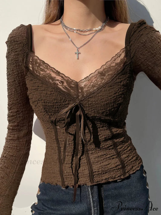 Charming Patchwork Lace Trim Sleek Square Collar Extended Sleeve Knit Top knittop-250126