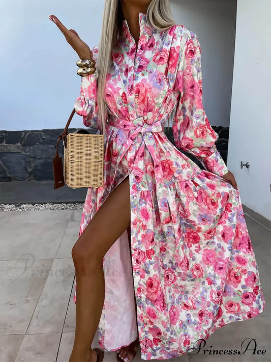 Charming Printed Shirt Buttons Graceful Plain Gold Floral Maxi Dress Pink / S