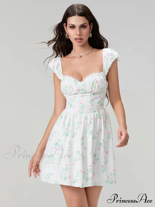 Charming Sophisticated Flower Corset Mini Lace Trim Deep V-Neck Backless A-Line Dress WHITE / S floraldress-250126
