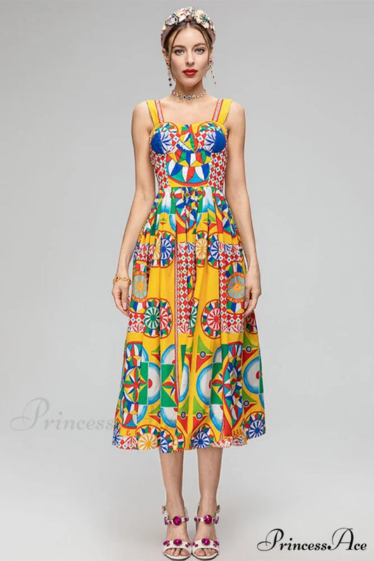 Chasing Sun Carretto Trendy Print Bustier Midi Dress Yellow / S
