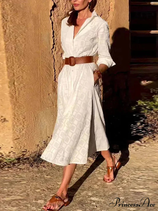 Check Print Belt Button Graceful Pocket Long Sleeve Midi Dress