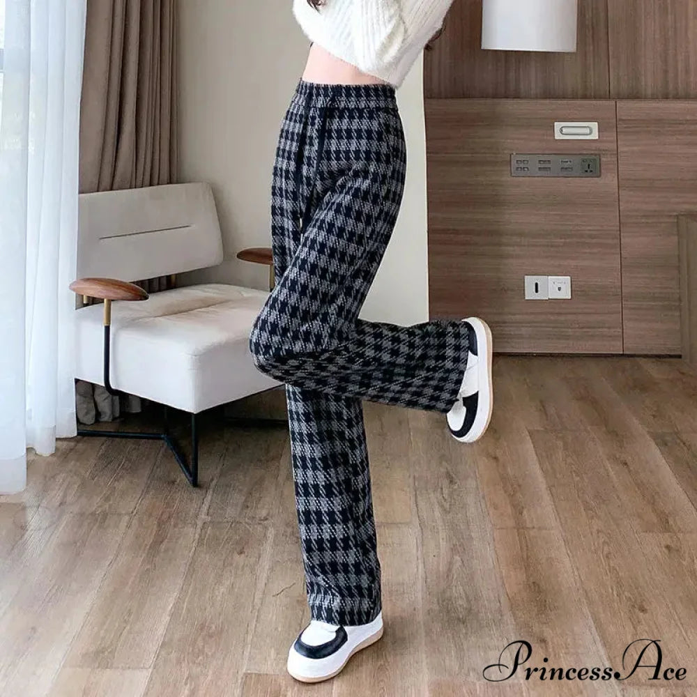 Checked Cinched Casual Wide Leg Trousers Blue / S pants-241228