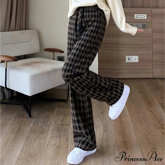 Checked Cinched Casual Wide Leg Trousers Coffee / S pants-241228
