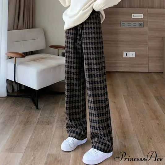 Checked Cinched Casual Wide Leg Trousers pants-241228