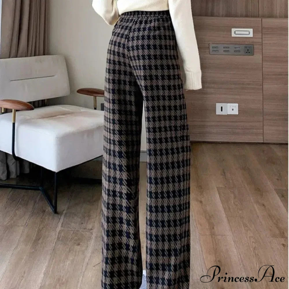 Checked Cinched Casual Wide Leg Trousers pants-241228