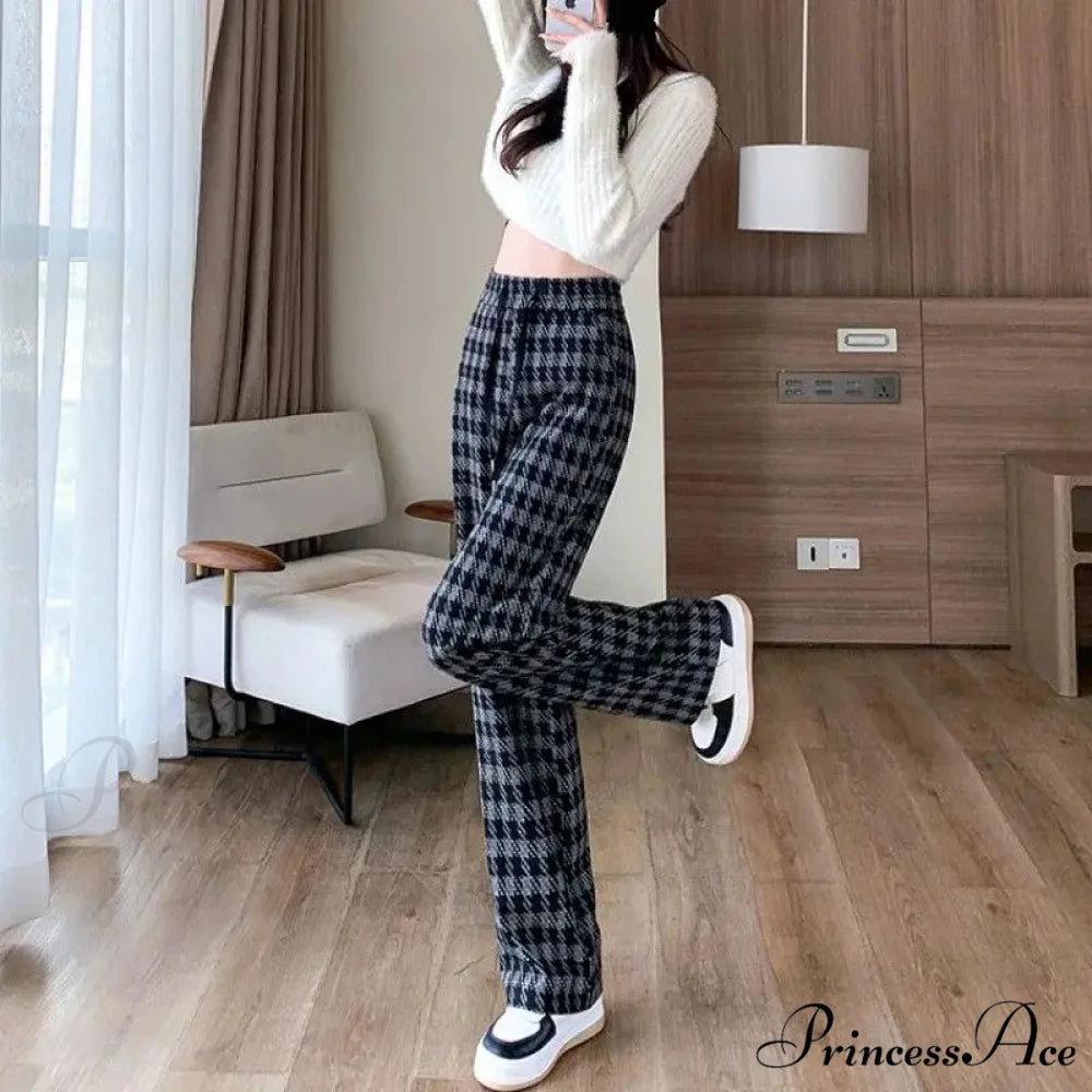 Checked Cinched Casual Wide Leg Trousers pants-241228