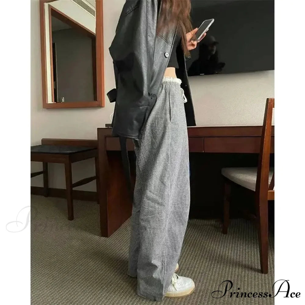 Checked Elevated Waist Loose Trousers pants-241228